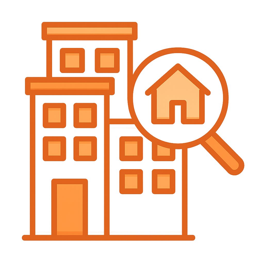 ไอคอนค้นหา คอนโดศาลายา แสดงภาพอาคารพร้อมแว่นขยาย สื่อถึงการเลือกที่พักในทำเลศาลายาอย่างมีระบบและเข้าใจง่าย