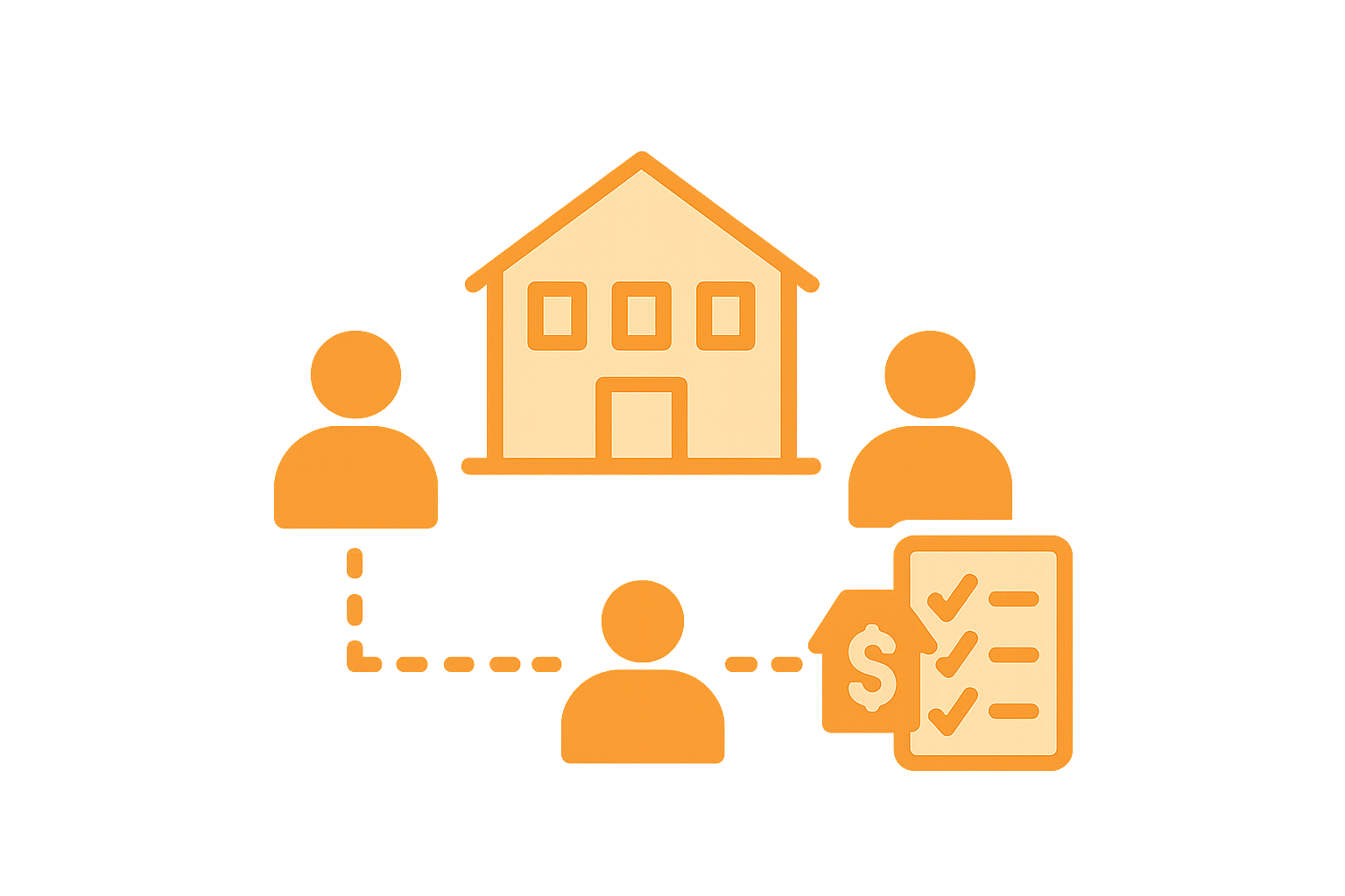 ภาพเวกเตอร์แสดงบริการติดตามผลการเช่า คอนโดศาลายา โดยมีไอคอนผู้ให้เช่าและผู้เช่าเชื่อมโยงกับตัวคอนโด แสดงถึงการดูแลอย่างต่อเนื่องหลังการทำสัญญา